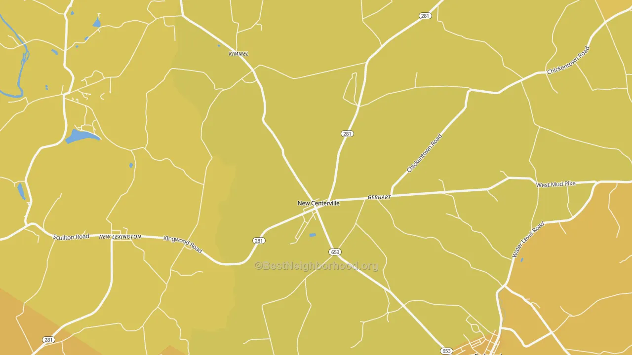 Map of the best neighborhoods in the New Centerville area, with better matches in green and worse matches in red