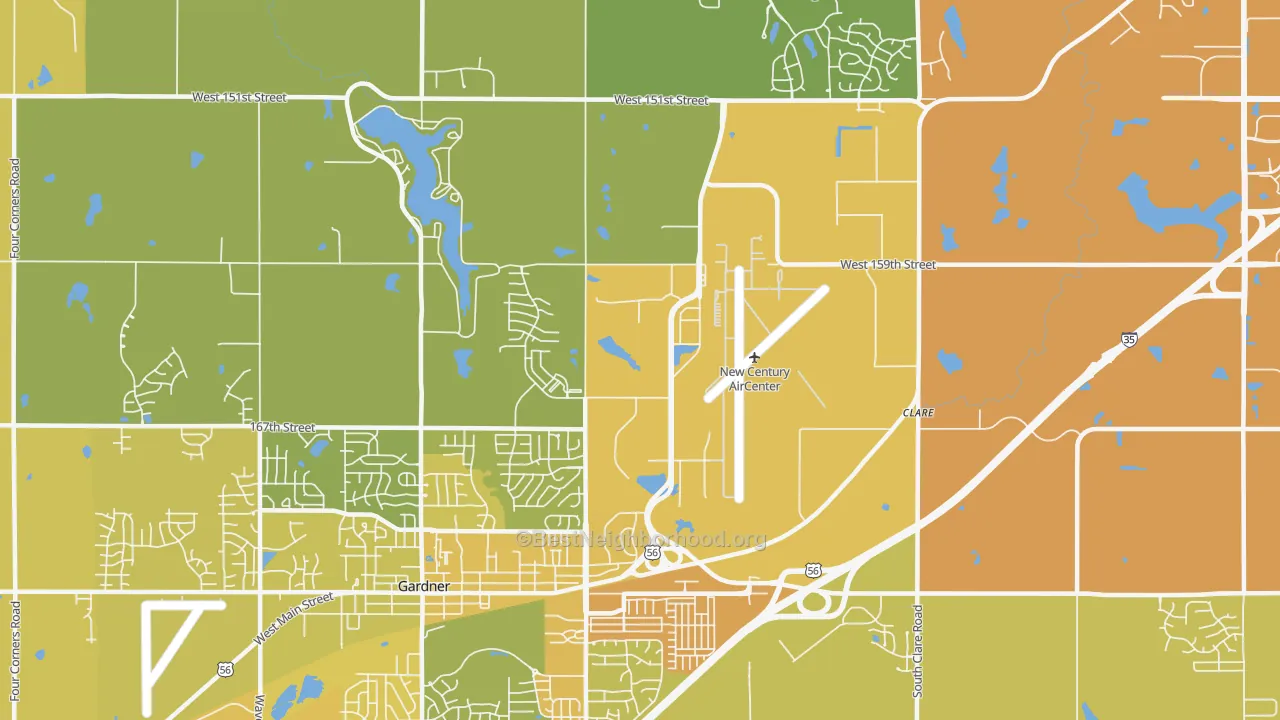 Map of the best neighborhoods in the New Century area, with better matches in green and worse matches in red