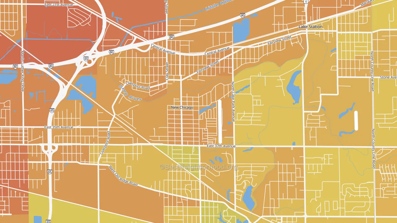 Map of the best neighborhoods in the New Chicago area, with better matches in green and worse matches in red