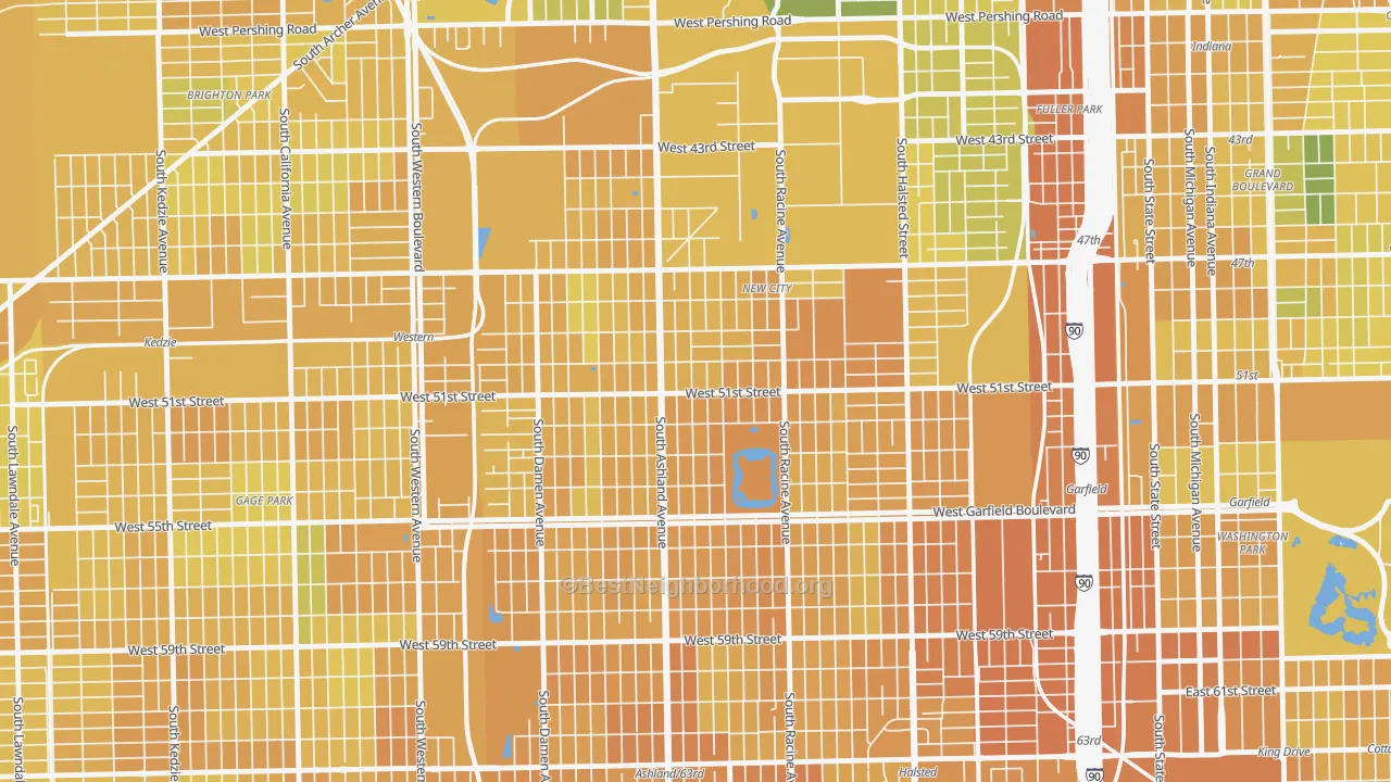 Map of the best neighborhoods in the New City, Chicago area, with better matches in green and worse matches in red