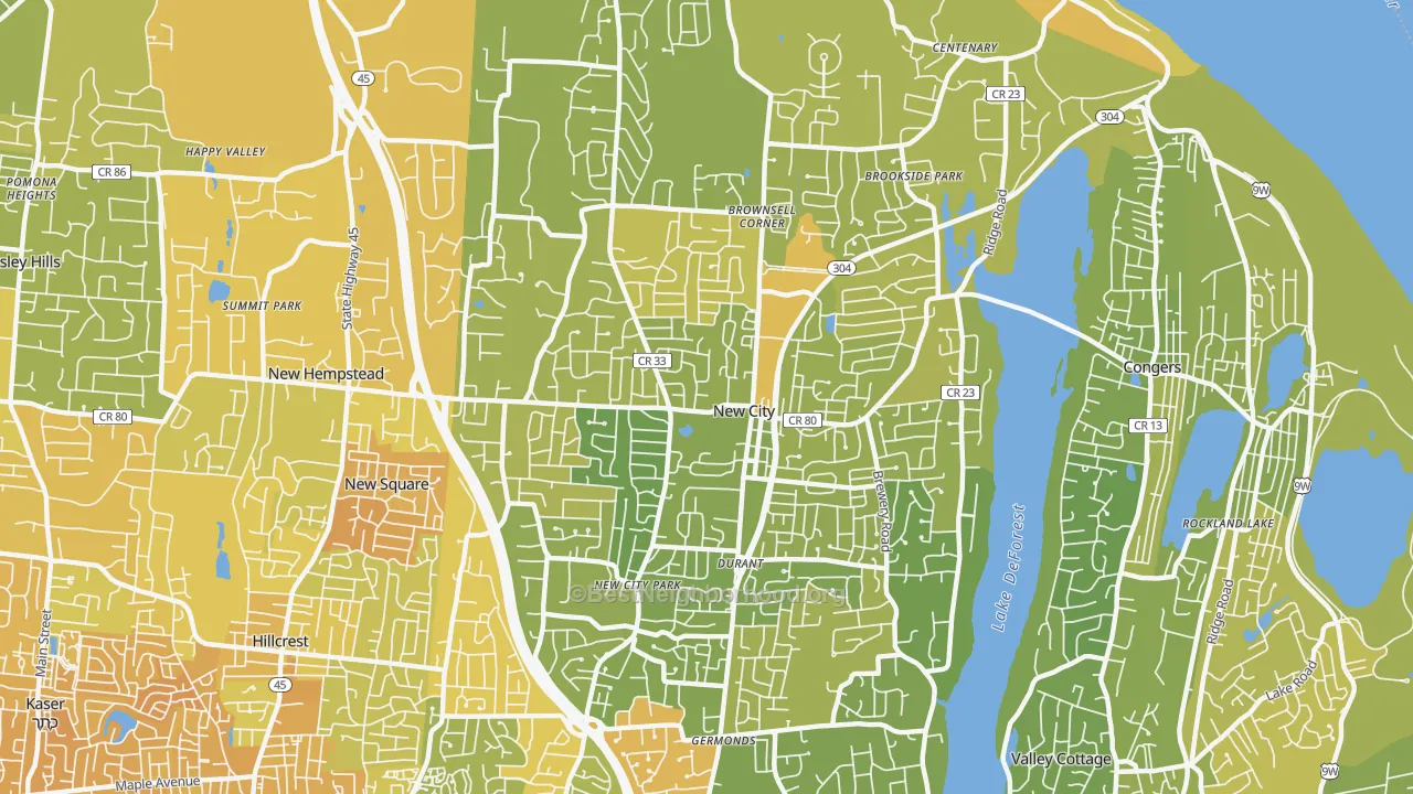 Map of the best neighborhoods in the New City area, with better matches in green and worse matches in red