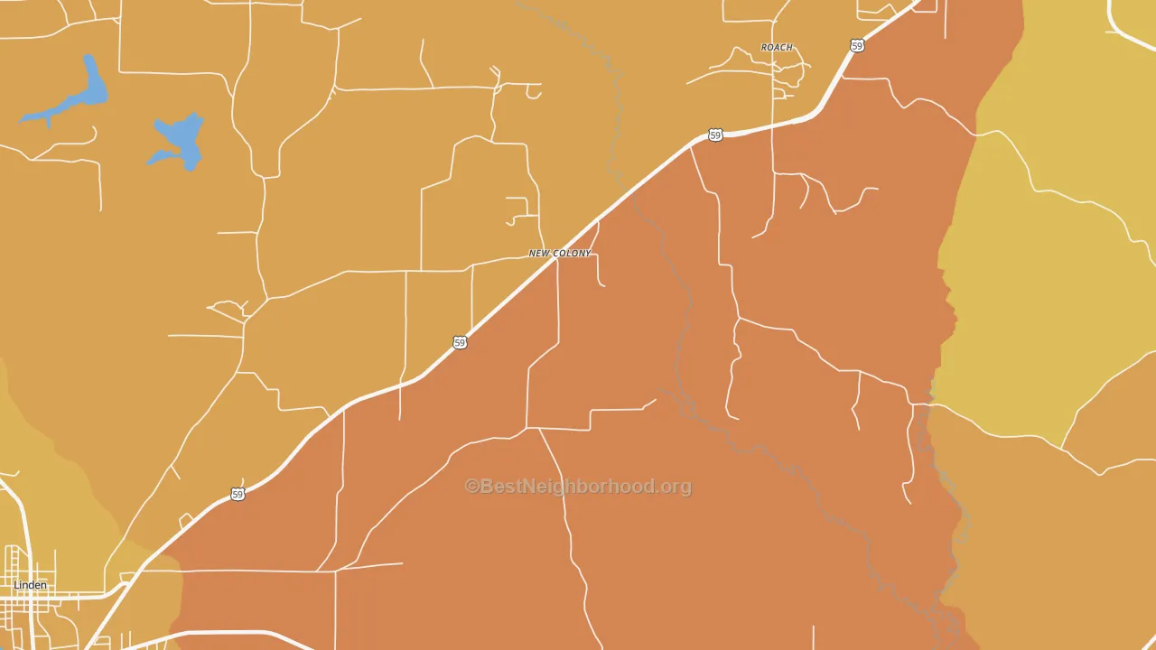 Map of the best neighborhoods in the New Colony area, with better matches in green and worse matches in red