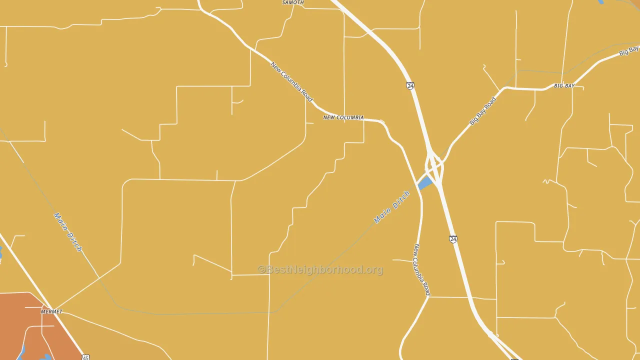Map of the best neighborhoods in the New Columbia area, with better matches in green and worse matches in red