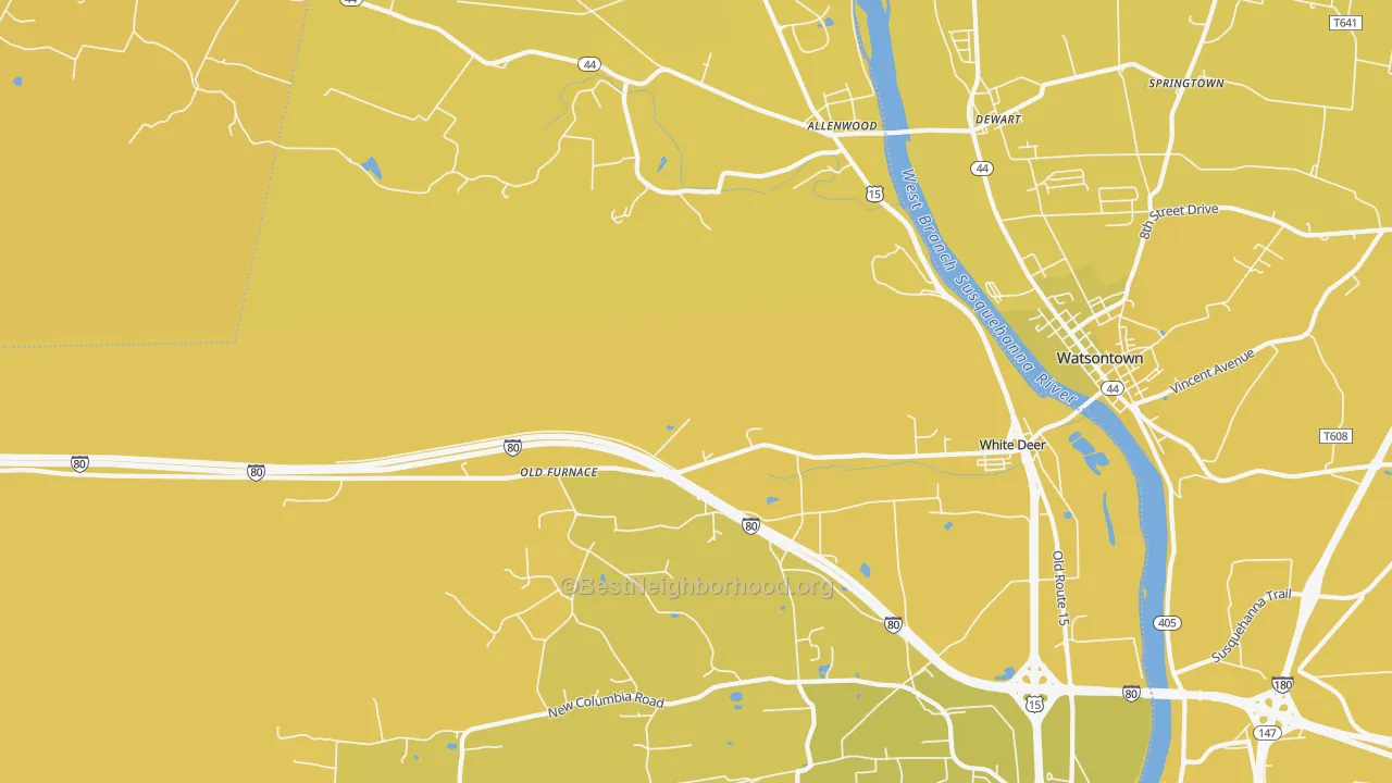 Map of the best neighborhoods in the New Columbia area, with better matches in green and worse matches in red
