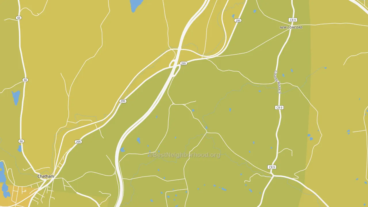 Map of the best neighborhoods in the New Concord area, with better matches in green and worse matches in red