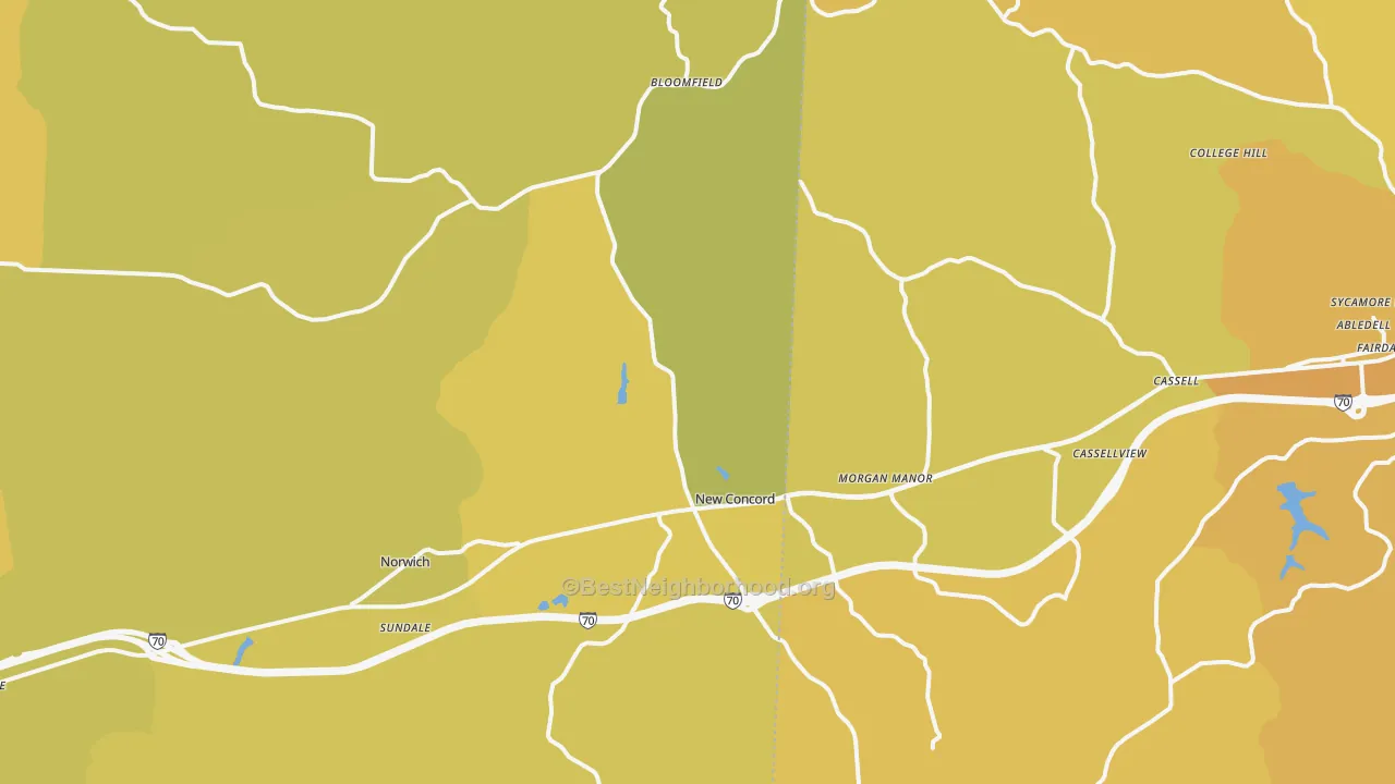 Map of the best neighborhoods in the New Concord area, with better matches in green and worse matches in red