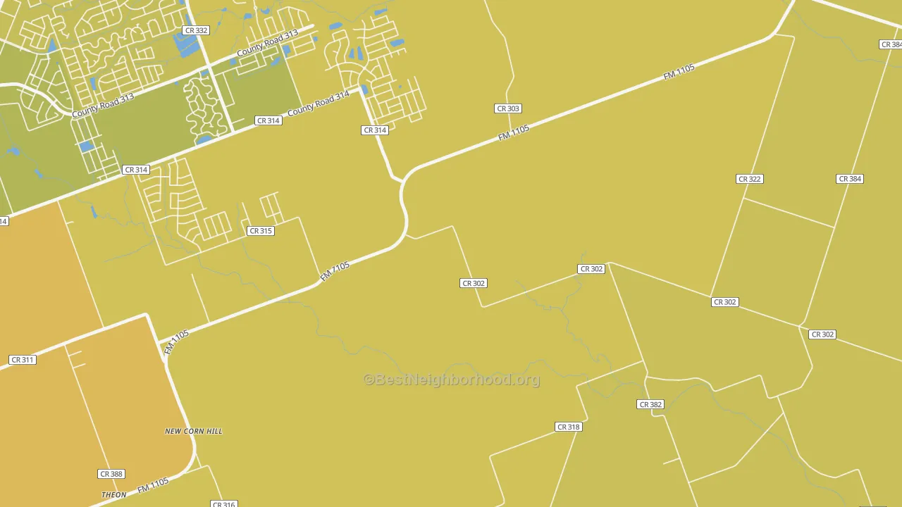 Map of the best neighborhoods in the New Corn Hill area, with better matches in green and worse matches in red