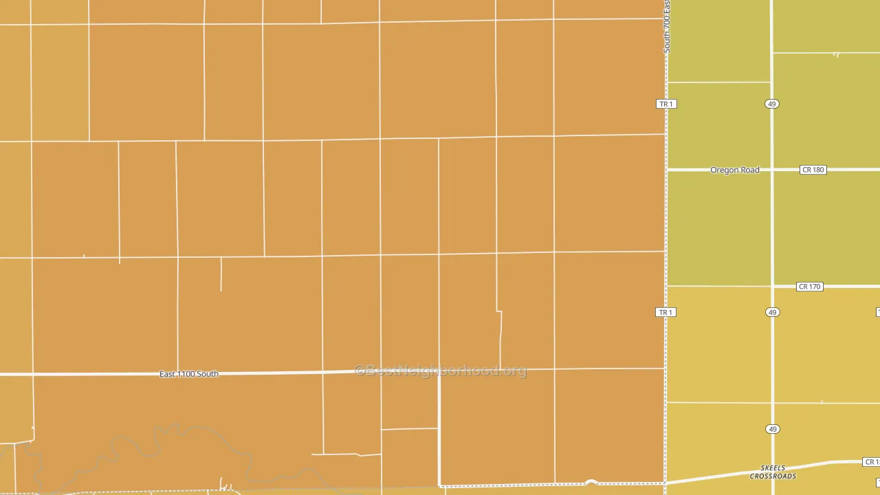 Map of the best neighborhoods in the New Corydon area, with better matches in green and worse matches in red