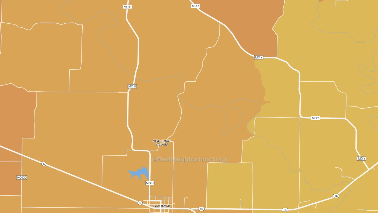 Map of the best neighborhoods in the New Court Village area, with better matches in green and worse matches in red