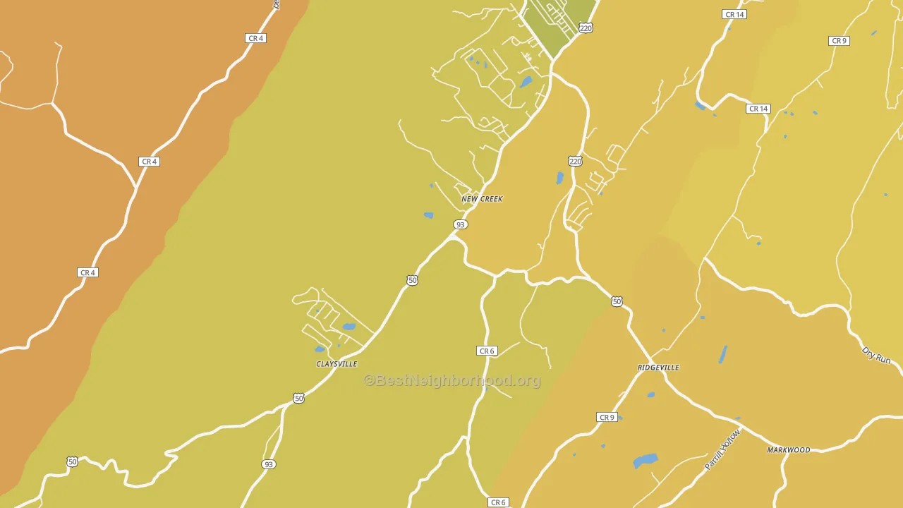 Map of the best neighborhoods in the New Creek area, with better matches in green and worse matches in red