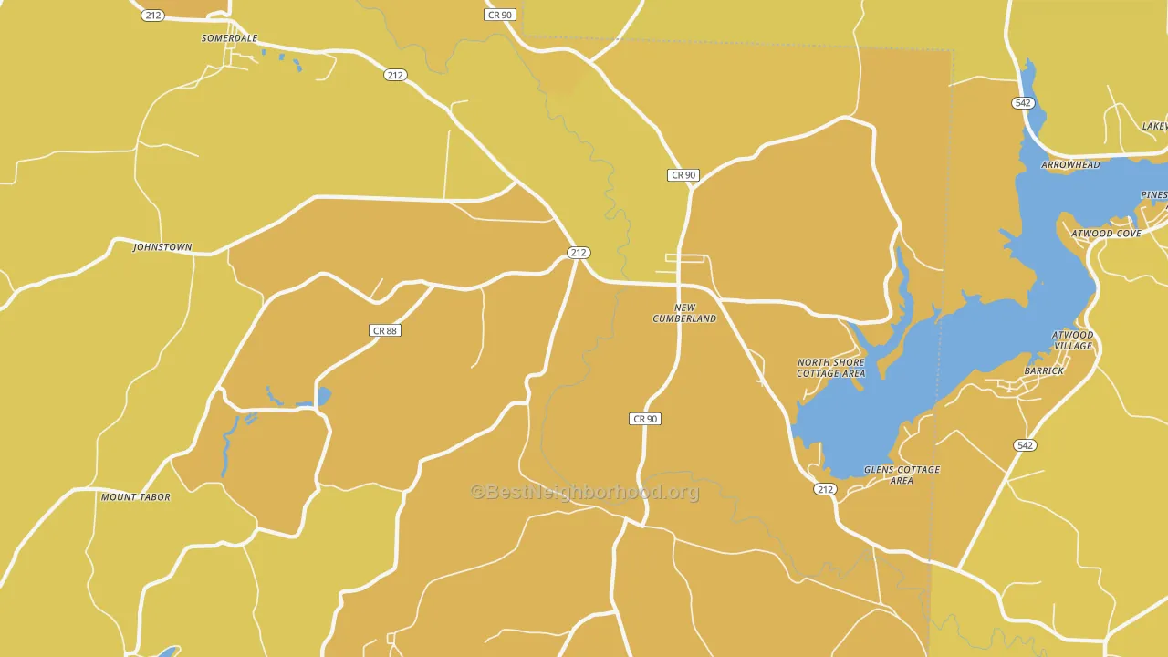 Map of the best neighborhoods in the New Cumberland area, with better matches in green and worse matches in red