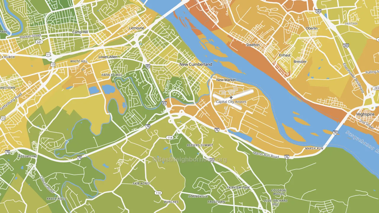Map of the best neighborhoods in the New Cumberland area, with better matches in green and worse matches in red