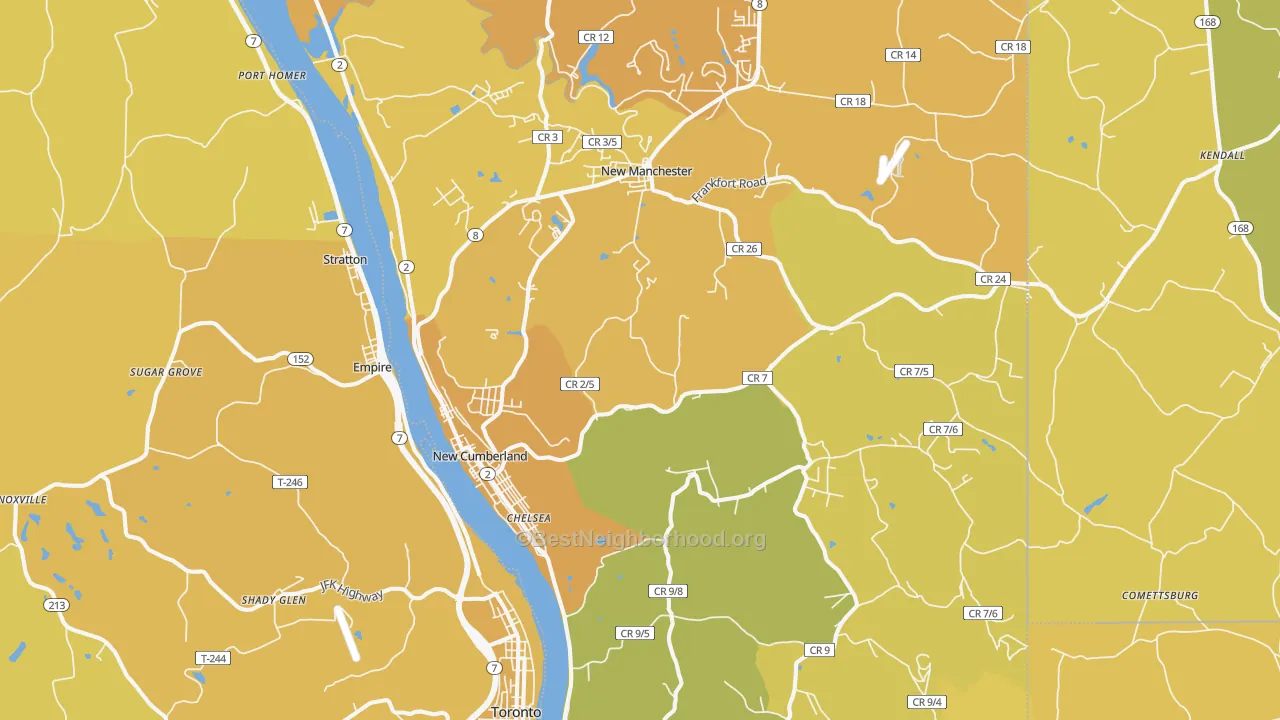 Map of the best neighborhoods in the New Cumberland area, with better matches in green and worse matches in red