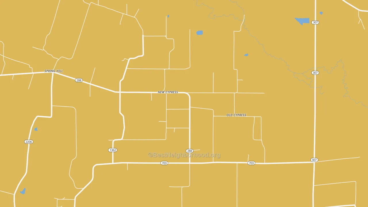 Map of the best neighborhoods in the New Cypress area, with better matches in green and worse matches in red