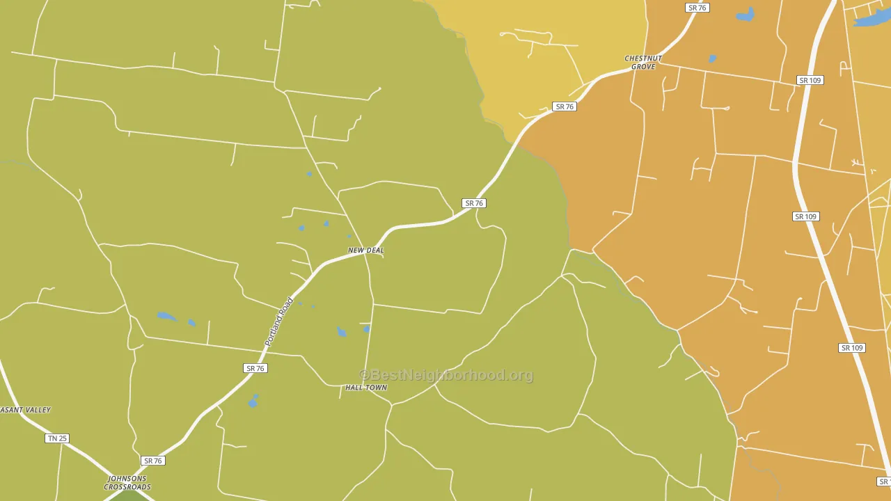 Map of the best neighborhoods in the New Deal area, with better matches in green and worse matches in red