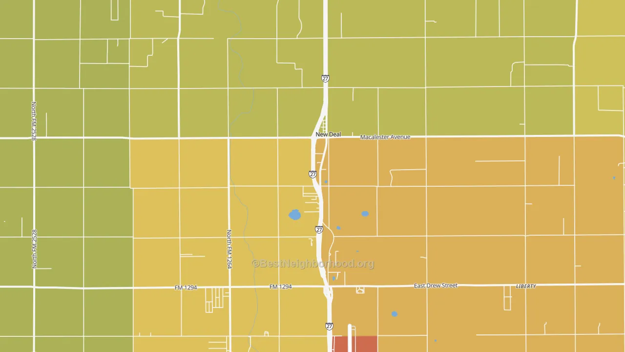 Map of the best neighborhoods in the New Deal area, with better matches in green and worse matches in red