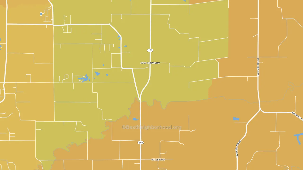 Map of the best neighborhoods in the New Dennison area, with better matches in green and worse matches in red