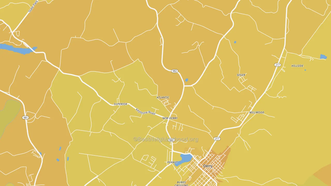 Map of the best neighborhoods in the New Derry area, with better matches in green and worse matches in red