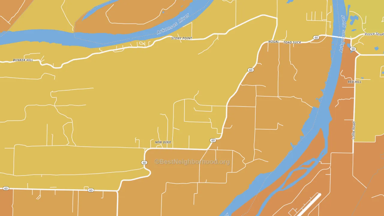 Map of the best neighborhoods in the New Dixie area, with better matches in green and worse matches in red