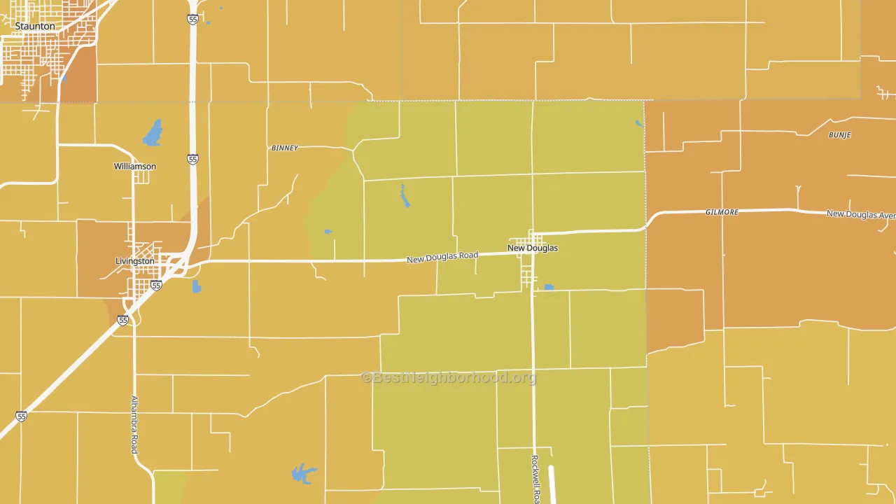 Map of the best neighborhoods in the New Douglas area, with better matches in green and worse matches in red