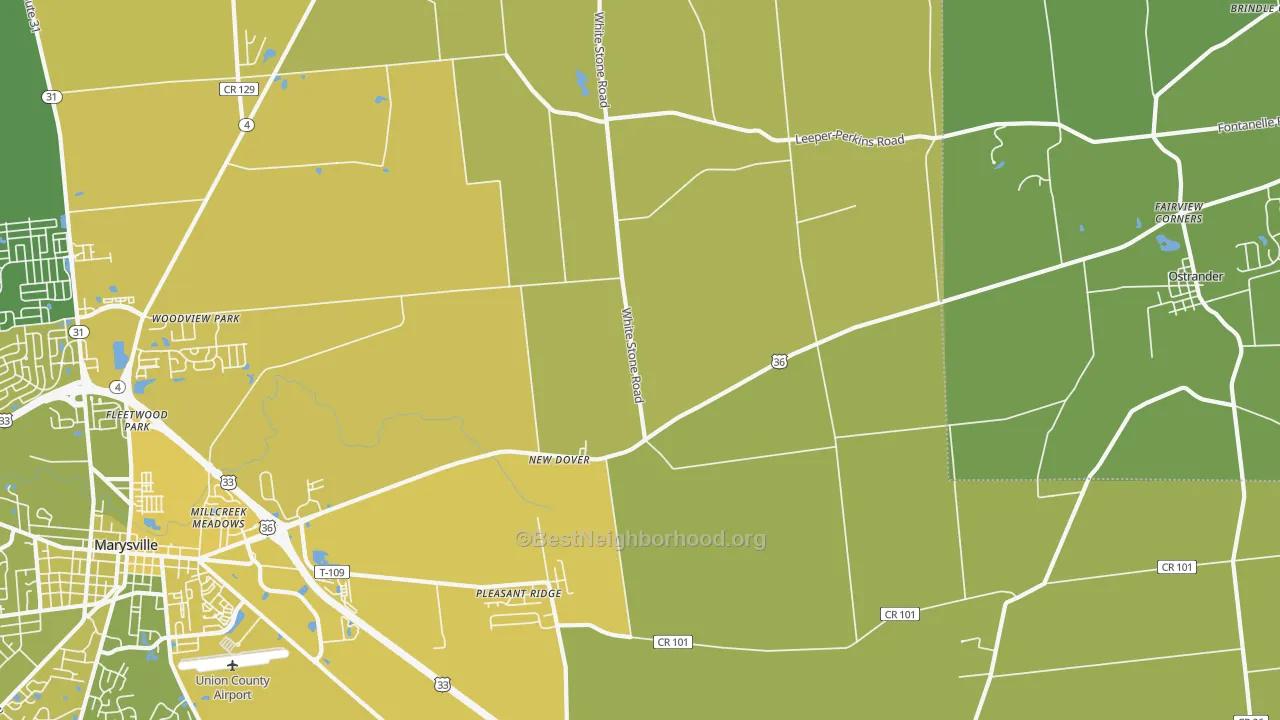 Map of the best neighborhoods in the New Dover area, with better matches in green and worse matches in red