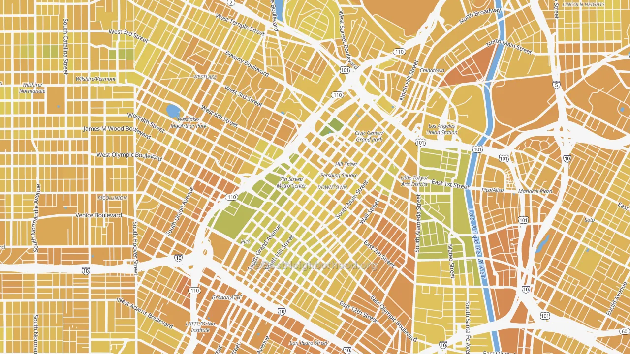 Map of the best neighborhoods in the New Downtown, Los Angeles area, with better matches in green and worse matches in red