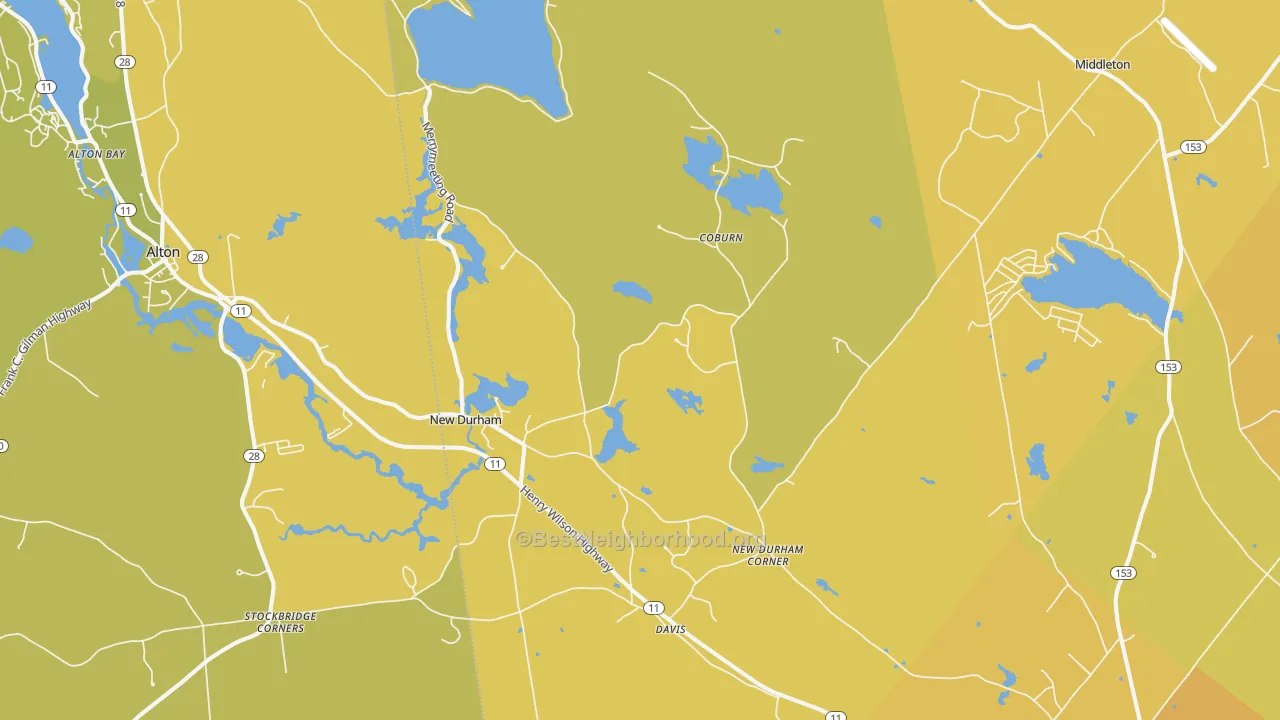 Map of the best neighborhoods in the New Durham area, with better matches in green and worse matches in red