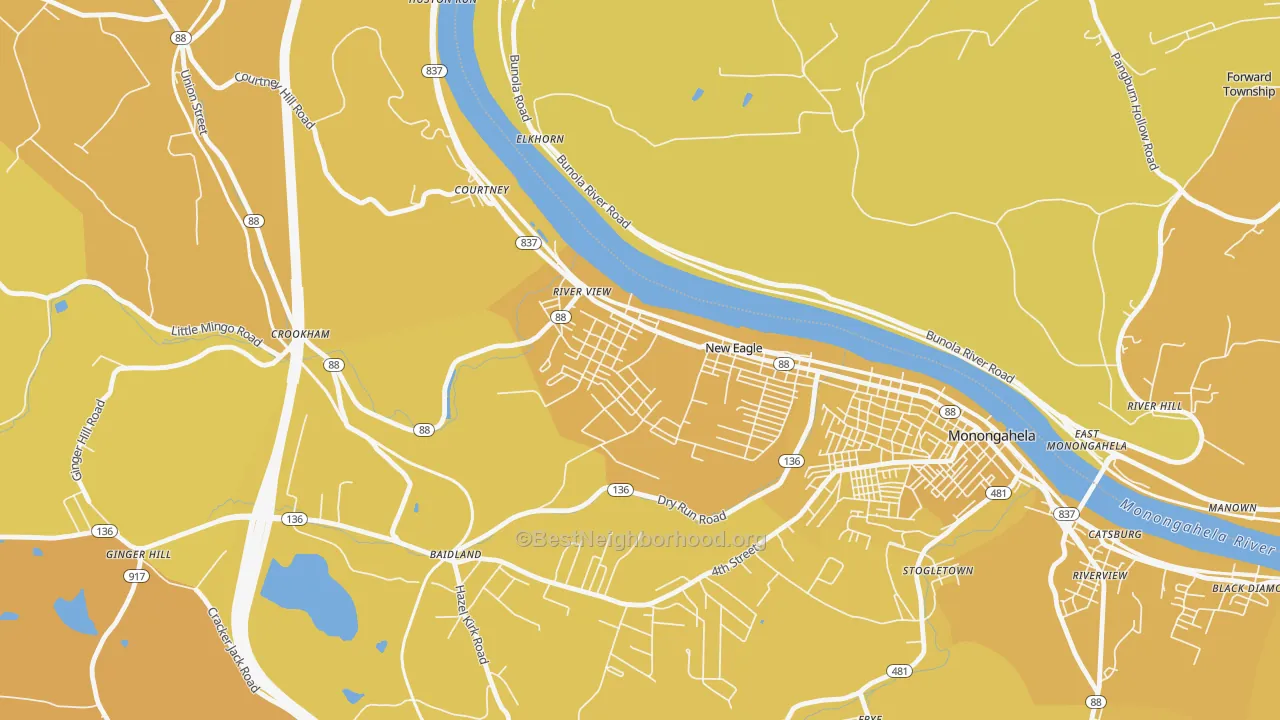 Map of the best neighborhoods in the New Eagle area, with better matches in green and worse matches in red