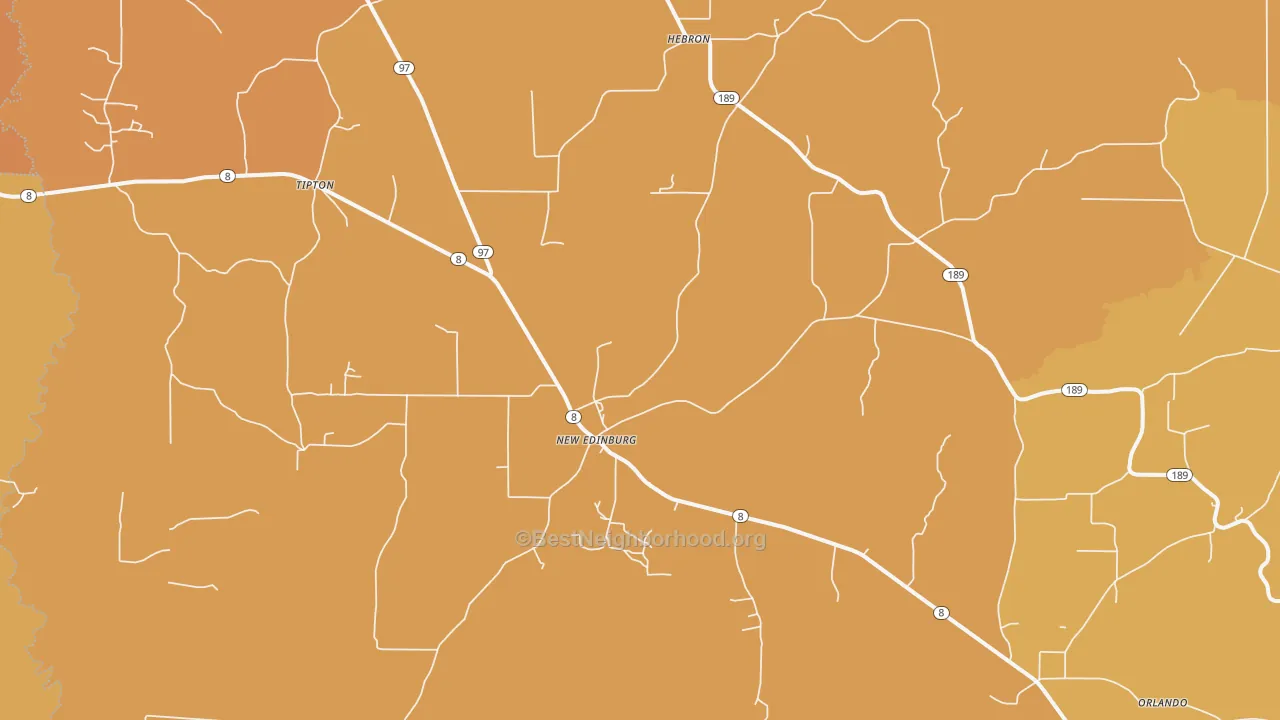 Map of the best neighborhoods in the New Edinburg area, with better matches in green and worse matches in red