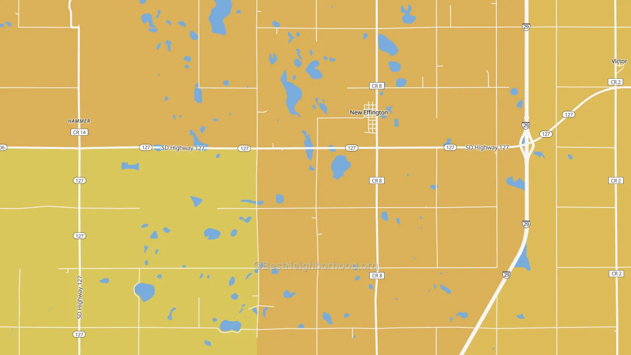 Map of the best neighborhoods in the New Effington area, with better matches in green and worse matches in red
