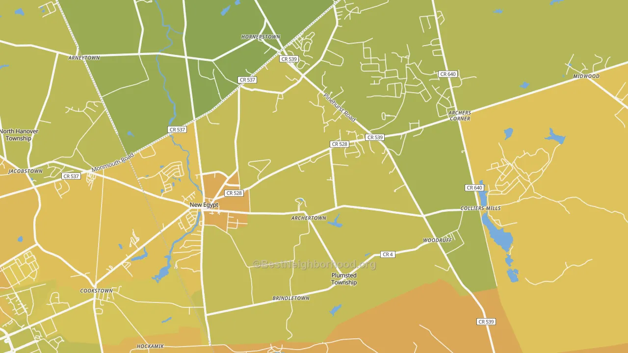 Map of the best neighborhoods in the New Egypt area, with better matches in green and worse matches in red