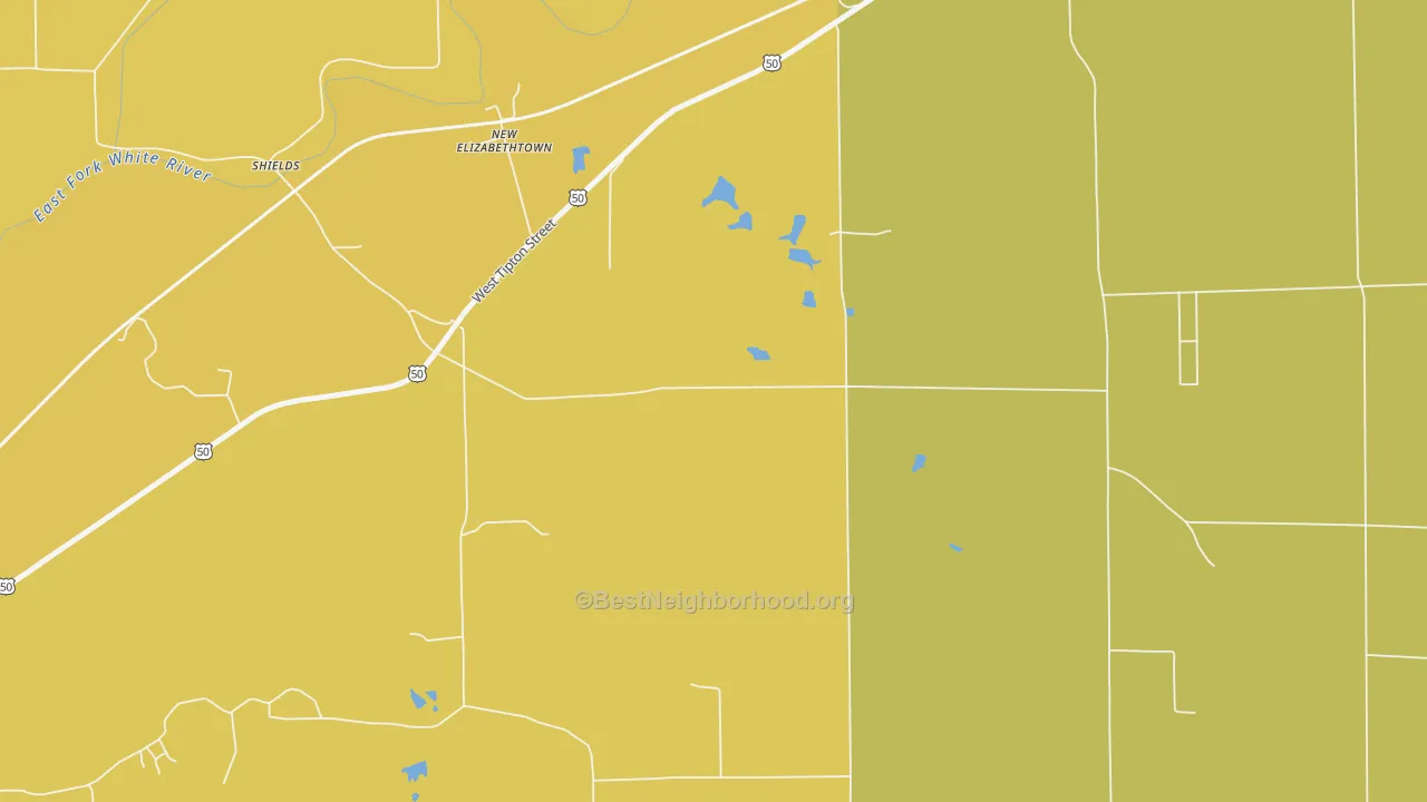 Map of the best neighborhoods in the New Elizabethtown area, with better matches in green and worse matches in red