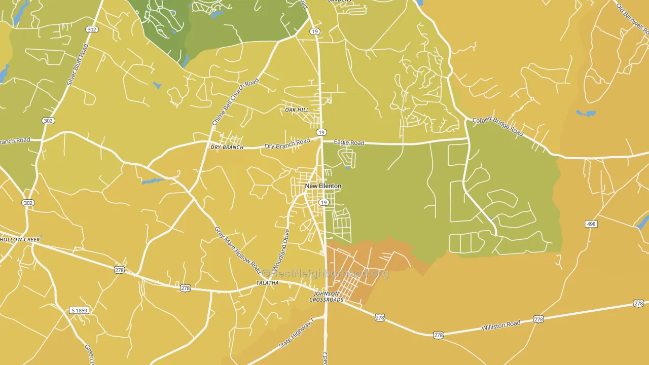 Map of the best neighborhoods in the New Ellenton area, with better matches in green and worse matches in red