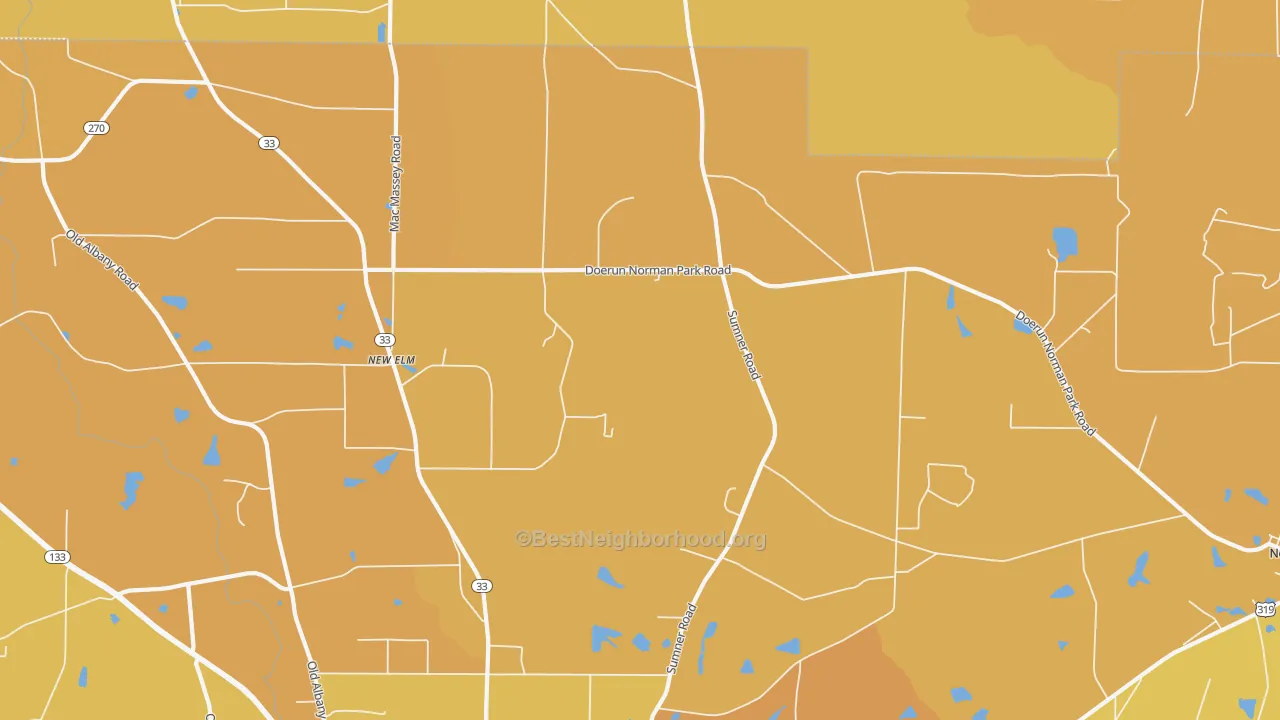 Map of the best neighborhoods in the New Elm area, with better matches in green and worse matches in red