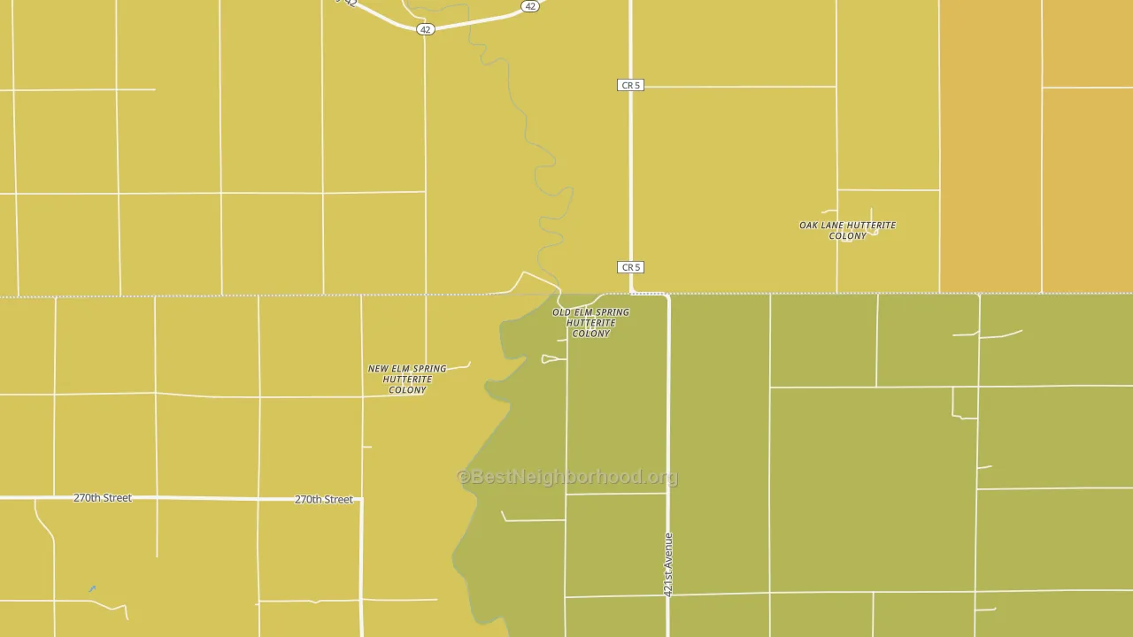 Map of the best neighborhoods in the New Elm Springs Colony area, with better matches in green and worse matches in red