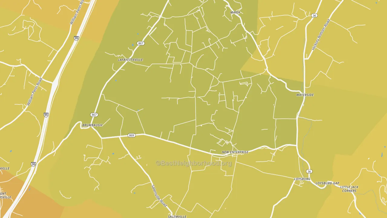 Map of the best neighborhoods in the New Enterprise area, with better matches in green and worse matches in red