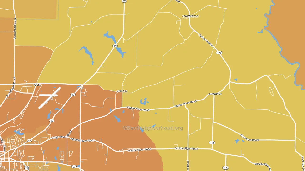 Map of the best neighborhoods in the New Era area, with better matches in green and worse matches in red