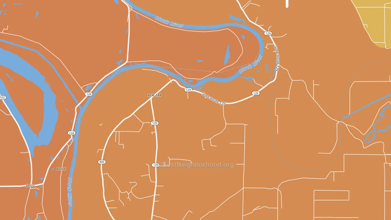 Map of the best neighborhoods in the New Era area, with better matches in green and worse matches in red