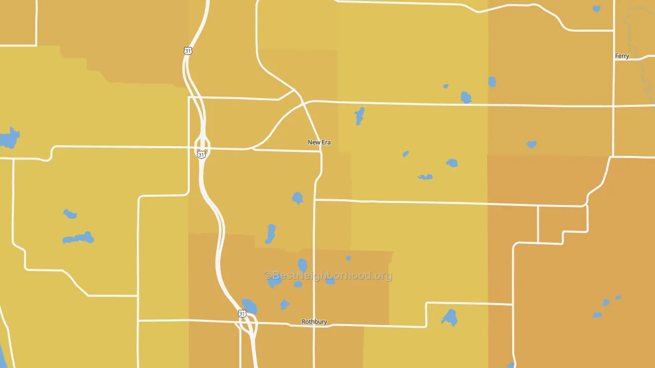 Map of the best neighborhoods in the New Era area, with better matches in green and worse matches in red