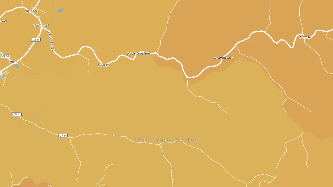 Map of the best neighborhoods in the New Era area, with better matches in green and worse matches in red