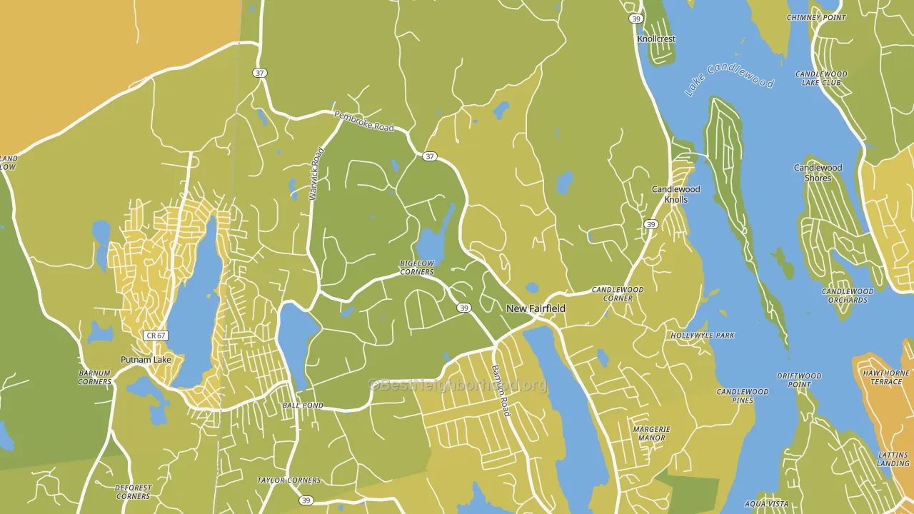 Map of the best neighborhoods in the New Fairfield area, with better matches in green and worse matches in red