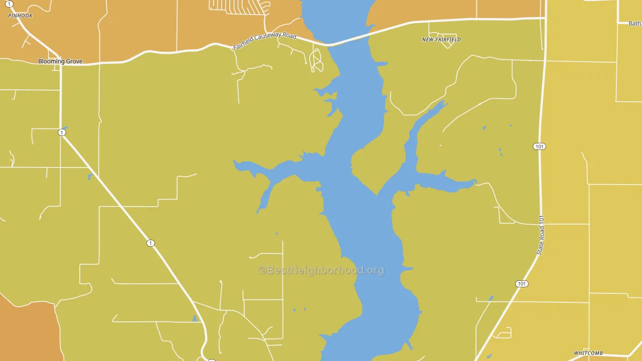 Map of the best neighborhoods in the New Fairfield area, with better matches in green and worse matches in red