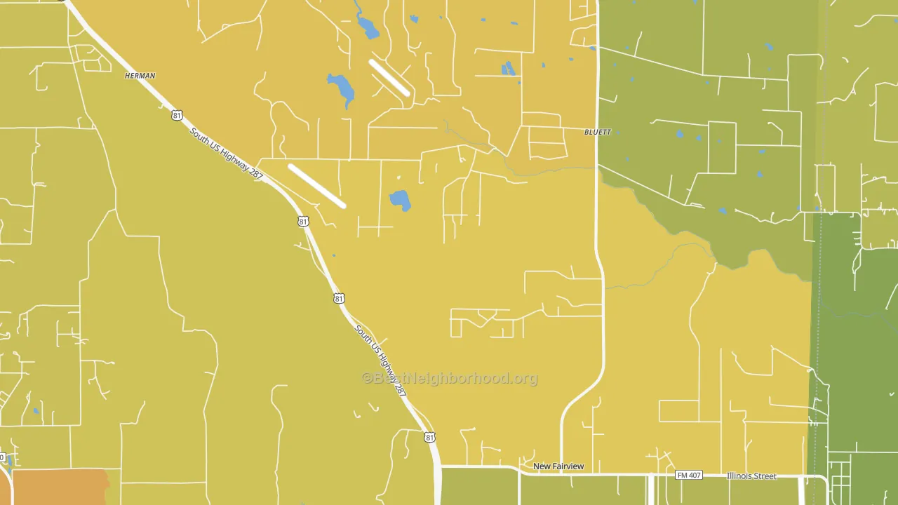Map of the best neighborhoods in the New Fairview area, with better matches in green and worse matches in red