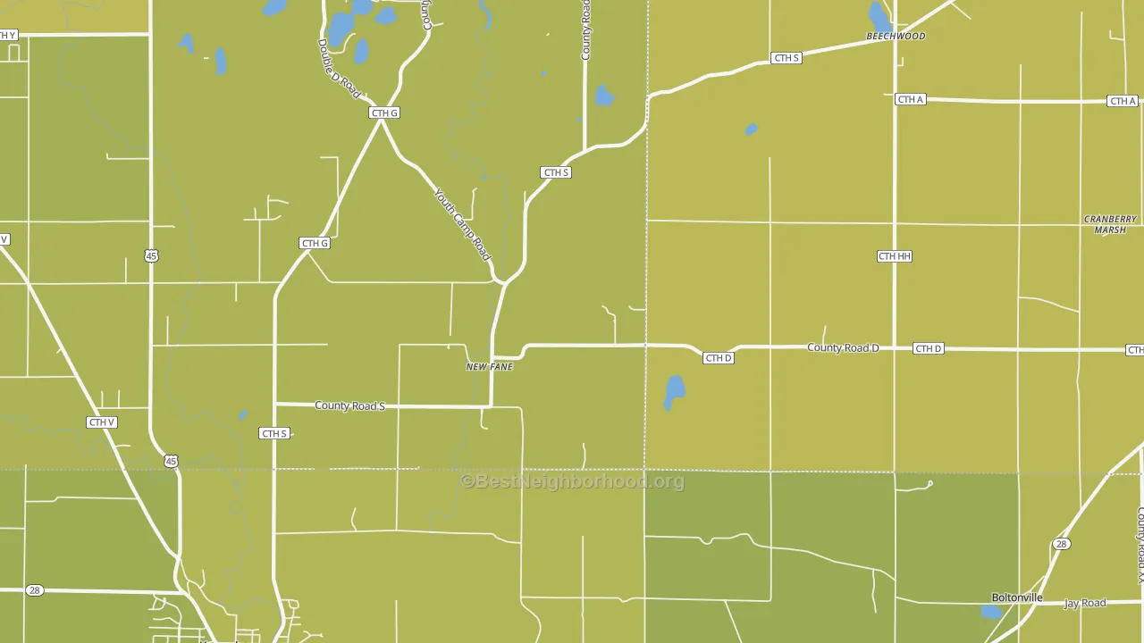 Map of the best neighborhoods in the New Fane area, with better matches in green and worse matches in red