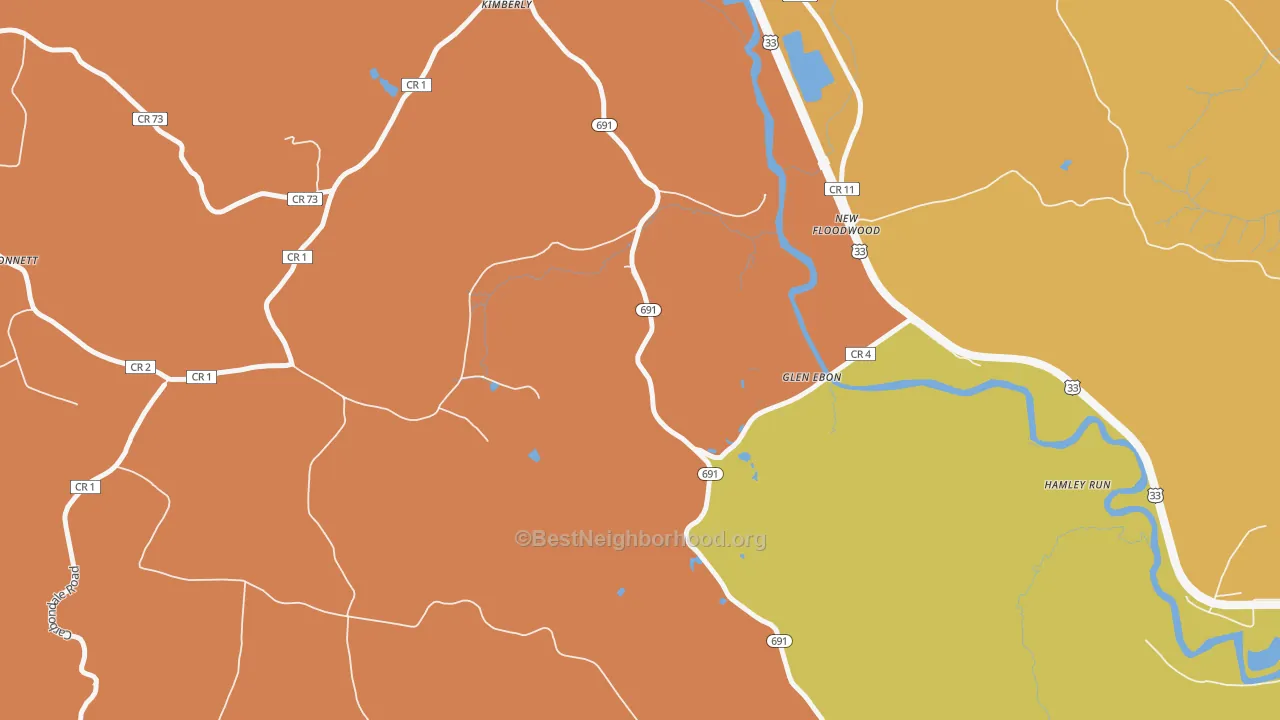 Map of the best neighborhoods in the New Floodwood area, with better matches in green and worse matches in red
