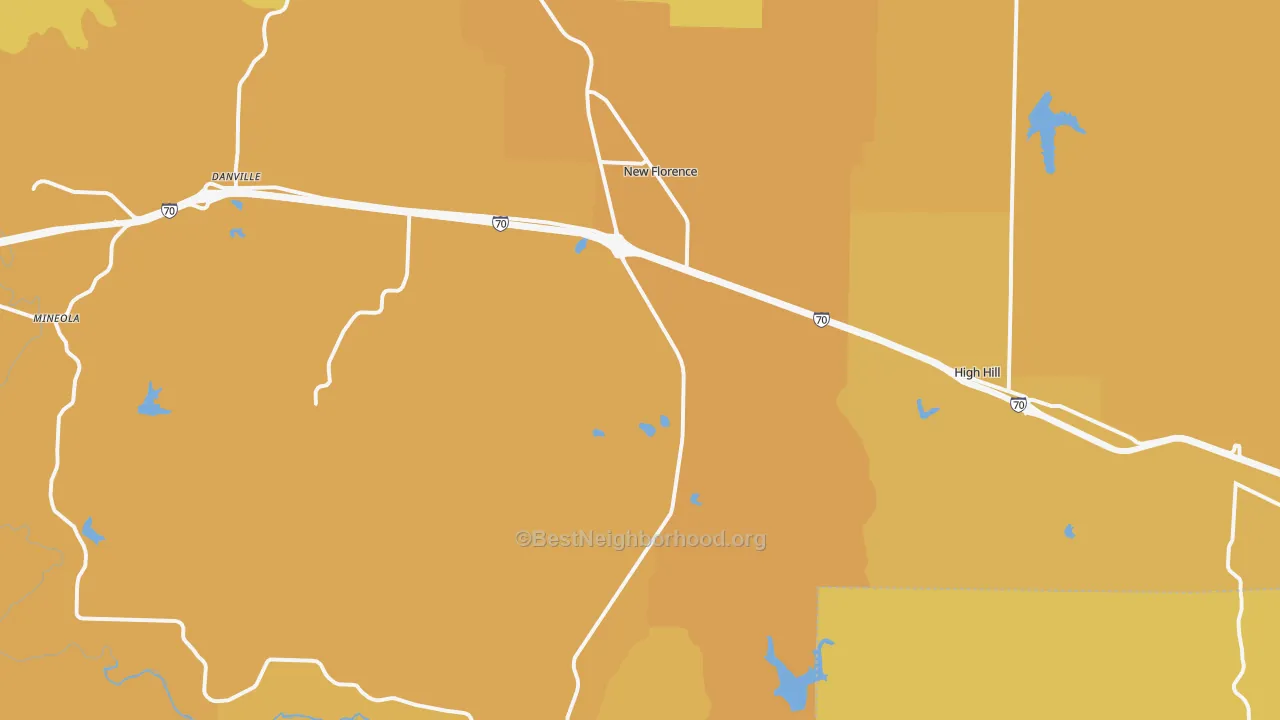 Map of the best neighborhoods in the New Florence area, with better matches in green and worse matches in red