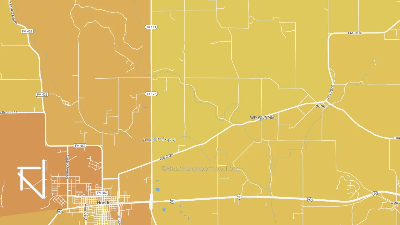 Map of the best neighborhoods in the New Fountain area, with better matches in green and worse matches in red
