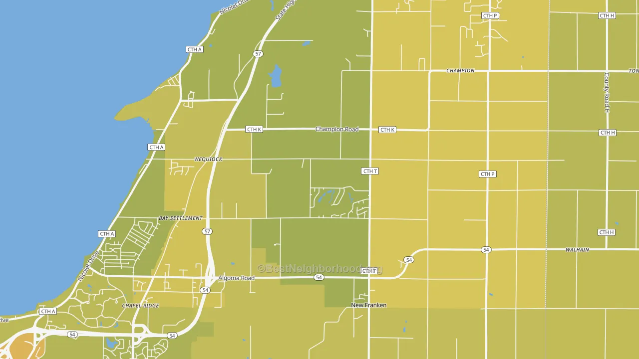 Map of the best neighborhoods in the New Franken area, with better matches in green and worse matches in red