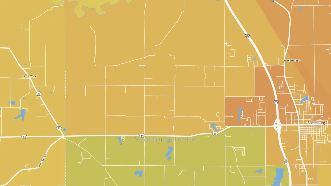 Map of the best neighborhoods in the New Frankfort area, with better matches in green and worse matches in red