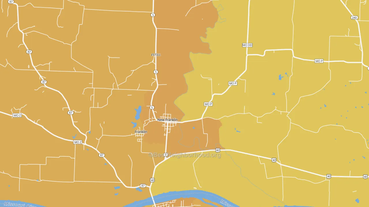 Map of the best neighborhoods in the New Franklin area, with better matches in green and worse matches in red